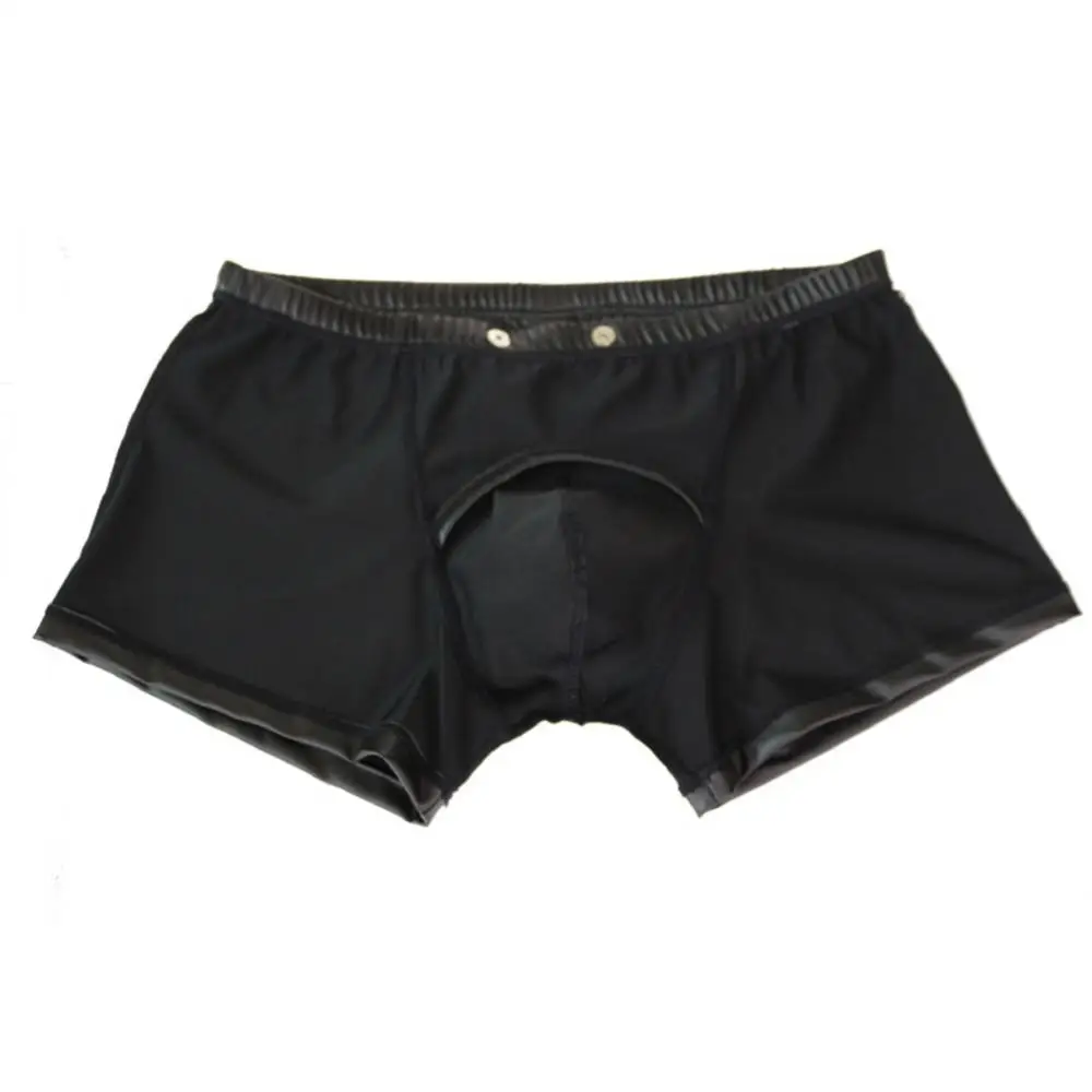 New Sexy Open Bulge Pouch Men\'s Boxers Underwear Faux Leather Shorts Underpants
