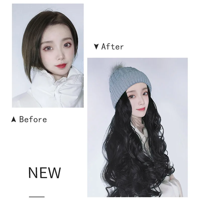 

WEILAI Wig Women's Long Hair Autumn and Winter Korean Plus Velvet Padded Knit Plush Hat Wig One Woman Long Curly Hair Waves