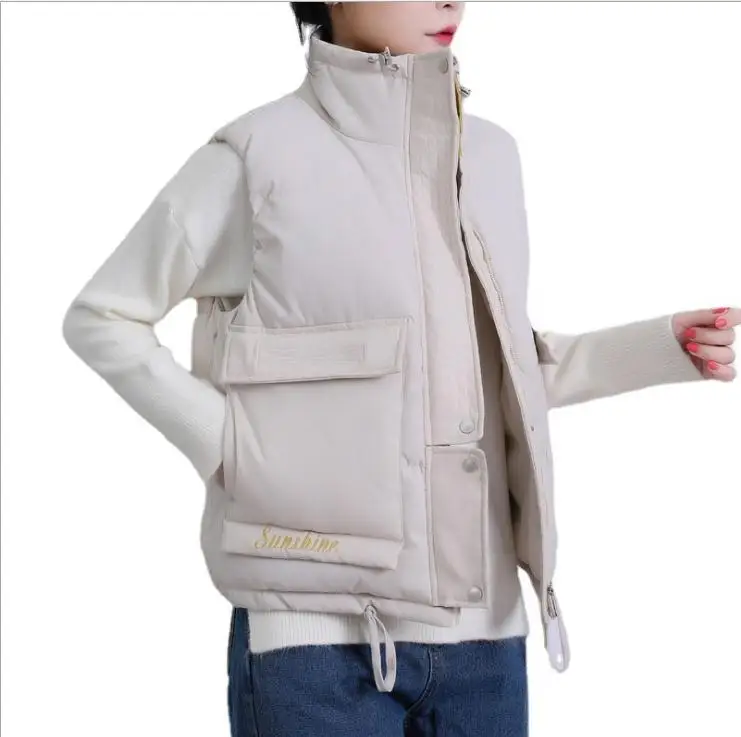

Stand Collar Winter Women Short Style Vest Solid Cotton Padded Thick Sleeveless Jacket Women Big Pocket Casual Outwear K1491