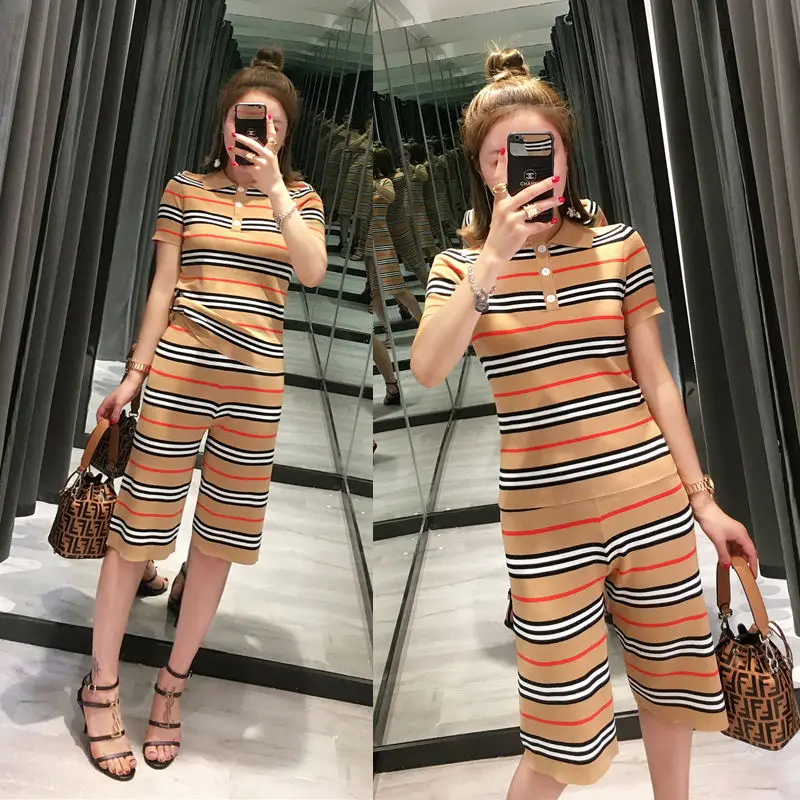 

Summer new short sleeve ice silk suit stripe slim T-Shirt Top wide leg shorts two piece set