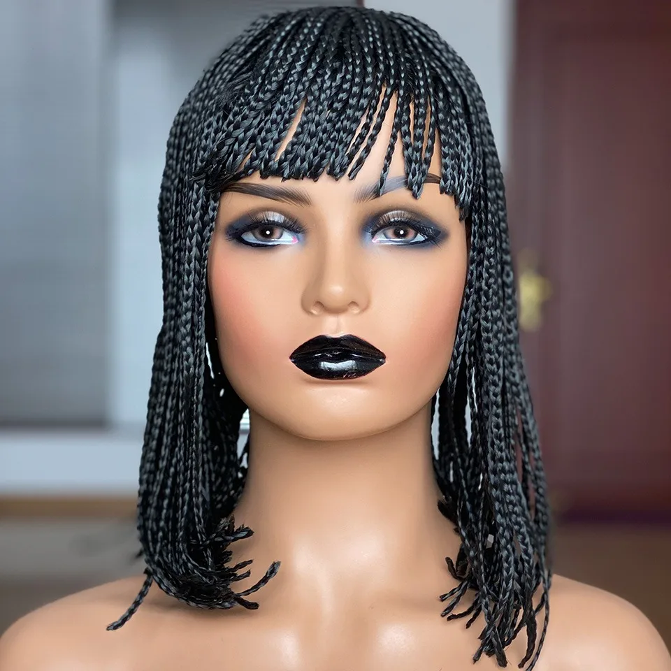 

Umot Braiding Hair Wig 12inch Braided Wigs For Black Women Synthetic Barids Short Bob Wigs With Bangs High Temperature Fiber