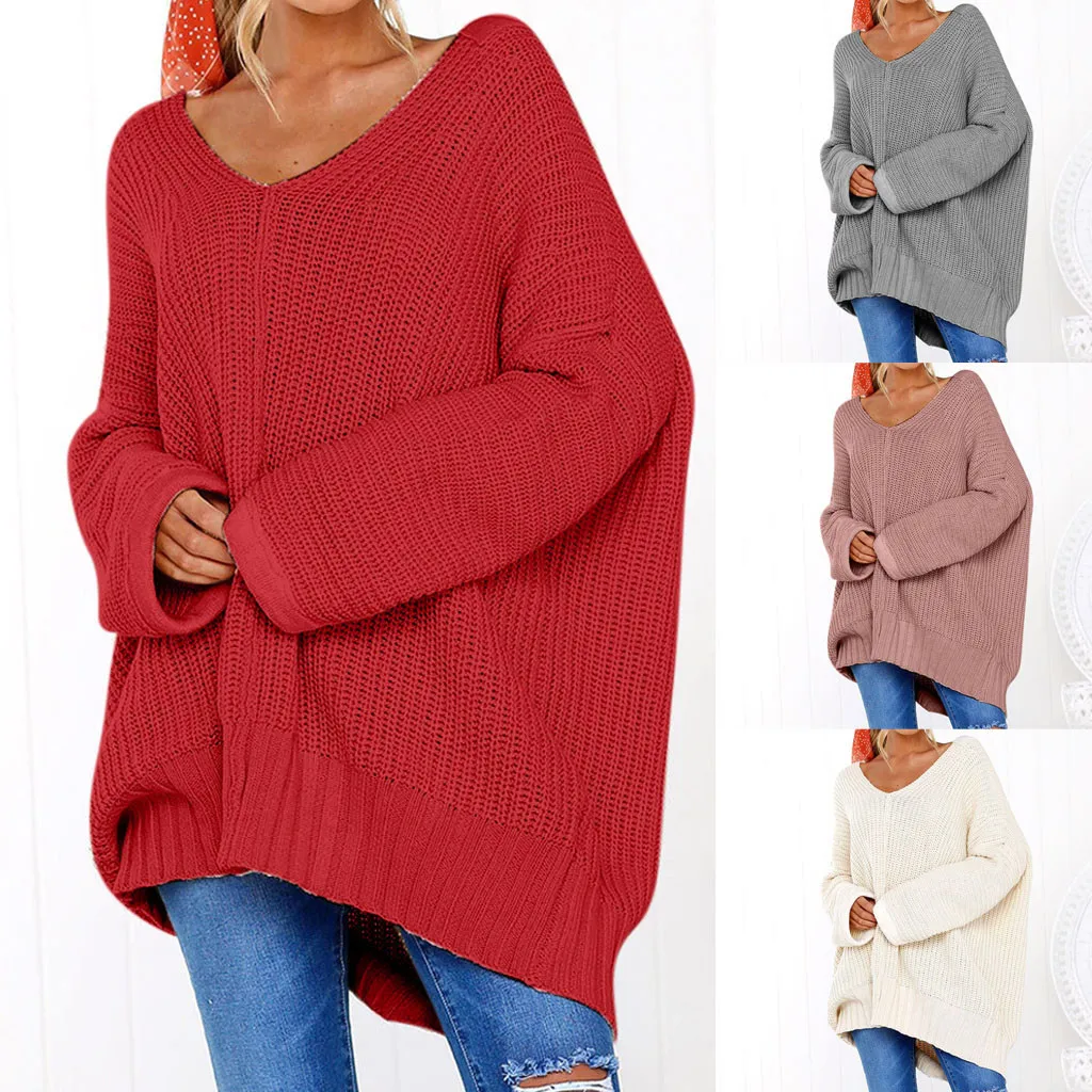 Autumn Winter Sweater Women V-Neck Loose Pullovers Casual Solid Long Sleeve Jumper Lazy Blouse pull femme | Женская одежда