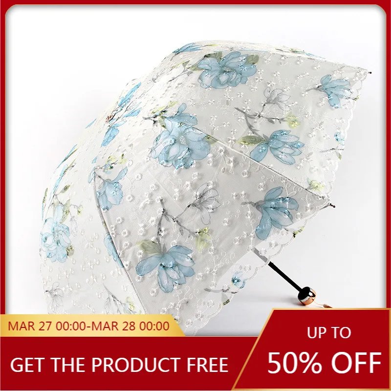 

Aurora Embroidered Double Layer Lace Umbrella Triple Folding Umbrella Vinyl UV-Proof Sun Protection Umbrella Sun Umbrella