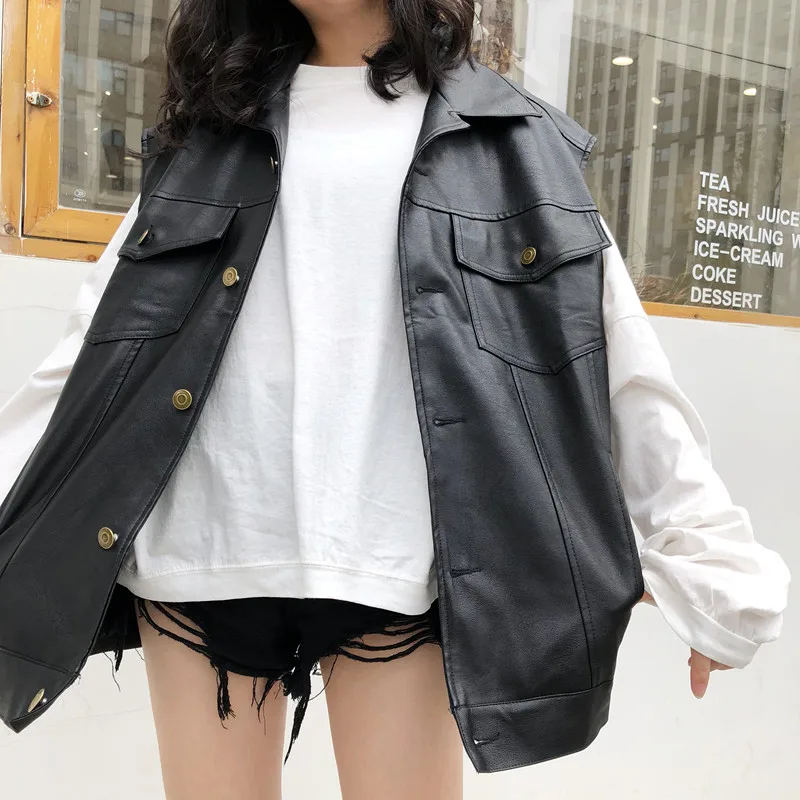 Женский однотонный жилет модная Осенняя однобортная мотоциклетная кожаная