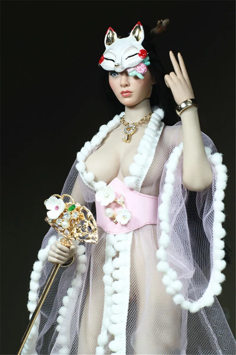 

1/6 Scale Female Sexy Light Edelweiss Pink Mesh Robe Sakura Fox Mask PU Leather Belt for 12 inch Action Figures Body Sakura Snow