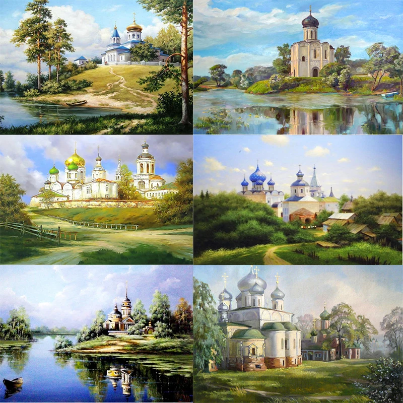

Алмазная вышивка своими руками, церковный летний пейзаж, алмазная живопись, полный квадрат, Круглый ландшафт, искусственная кожа, ручная ра...