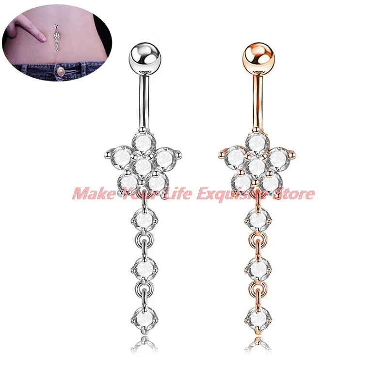 

New Rose Sexy Dangle Belly Bars Belly Button Rings Belly Piercing CZ Crystal Flower Body Jewelry Navel Piercing Rings