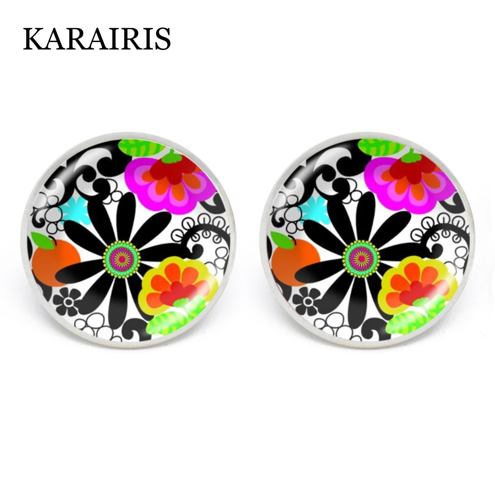 

KARAIRIS Charm Retro Flower Pattern Earrings Clear Glass Photo Cabochon Earrings Mandala Women Girls Jewelry Making Handmade