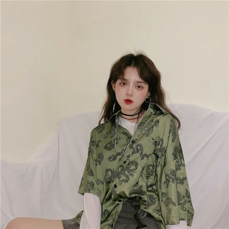 Женская Свободная блузка в стиле Харадзюку рубашка с принтом дракона уличная