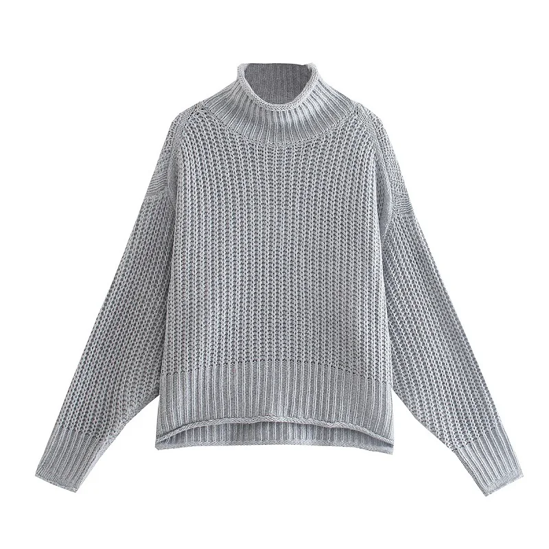 

TRAF Women 2021 Fashion Oversized Loose Knitted Sweater Vintage High Neck Long Sleeve Ribbing Pullovers Streetwear