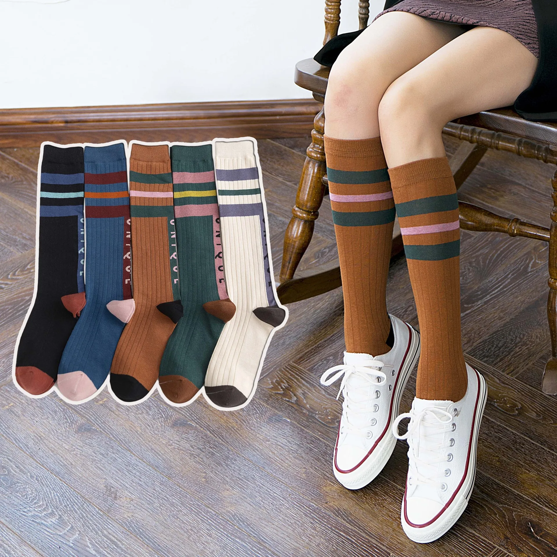 

Ladies Spring and Summer Thin New Product Knee-length Calf Socks Long Tube College Style Fashion Two-bar Letter Stripes Fashion