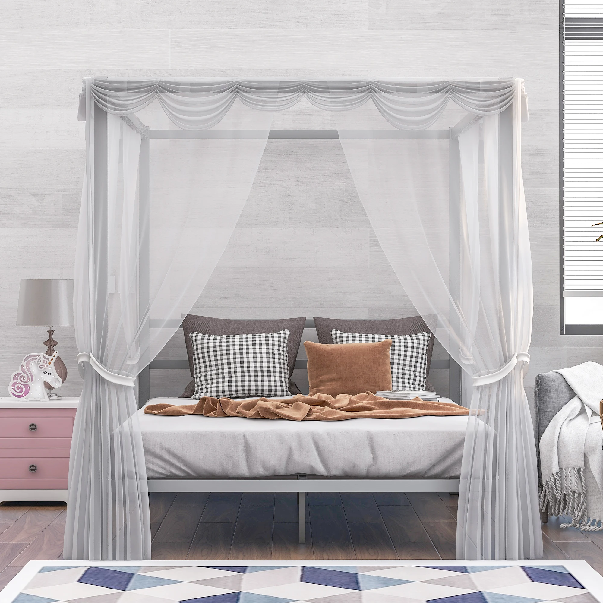 

"Metal Framed Canopy Platform Bed with Built-in Headboard,No Box Spring Needed, Classic Design, Queen , Sliver "