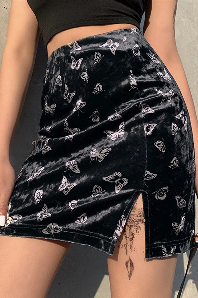 

2020 Ретро Бабочка печати девушки колледжа стиль Высокая талия замша Сплит бедра юбка