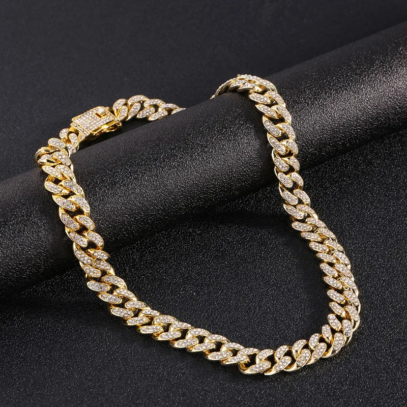 

Hip Hop Iced Out Paved Rhinestones 13MM Full Miami Curb Cuban Chain Men's Necklace CZ Bling Rapper Necklaces for Men Jewelry