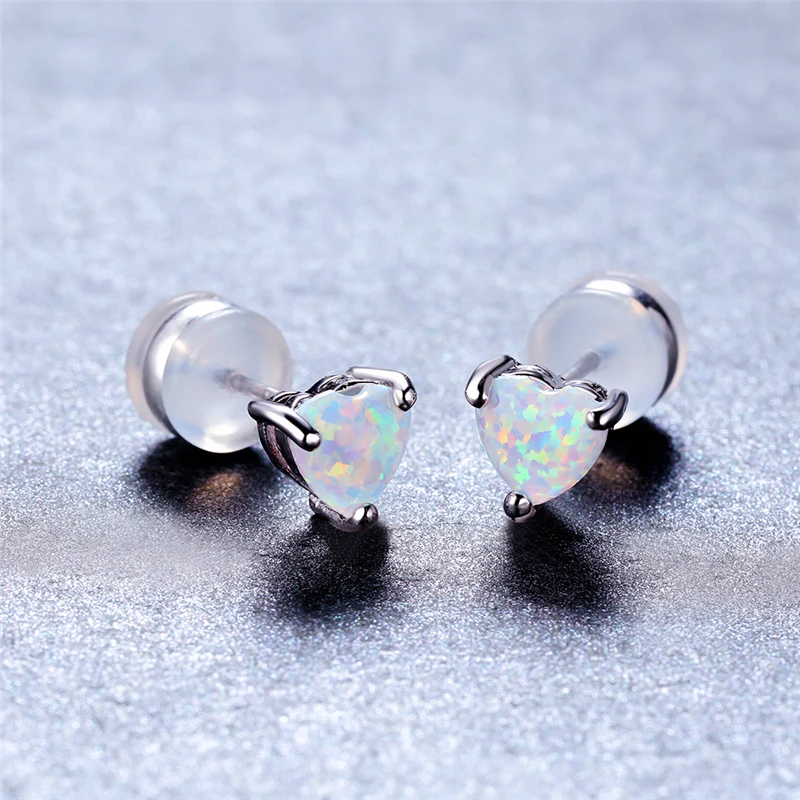 

Cute Female White Opal Stone Earrings Dainty Silver Color Wedding Earrings Classic Love Heart Small Stud Earrings For Women