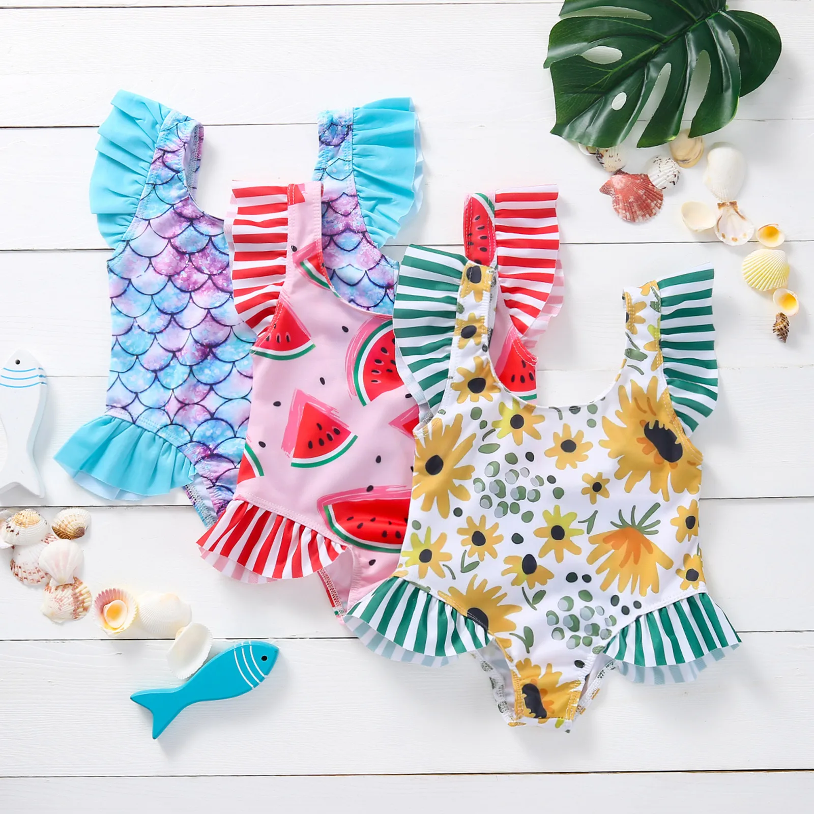 

Little Girls One-Piece Swimsuit Ruffles Swimwear Print Toddler Baby Girls Bikini Suit Slim Bathing Suit Cute Bathers Swim A50