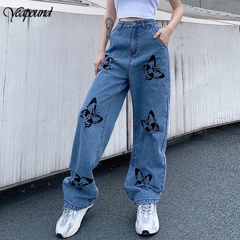 

Butterfly Printed Loose Pants Women Casual Straight Denim Long Trousers Ladies Streetwear Fashion High Waist Jeans Female