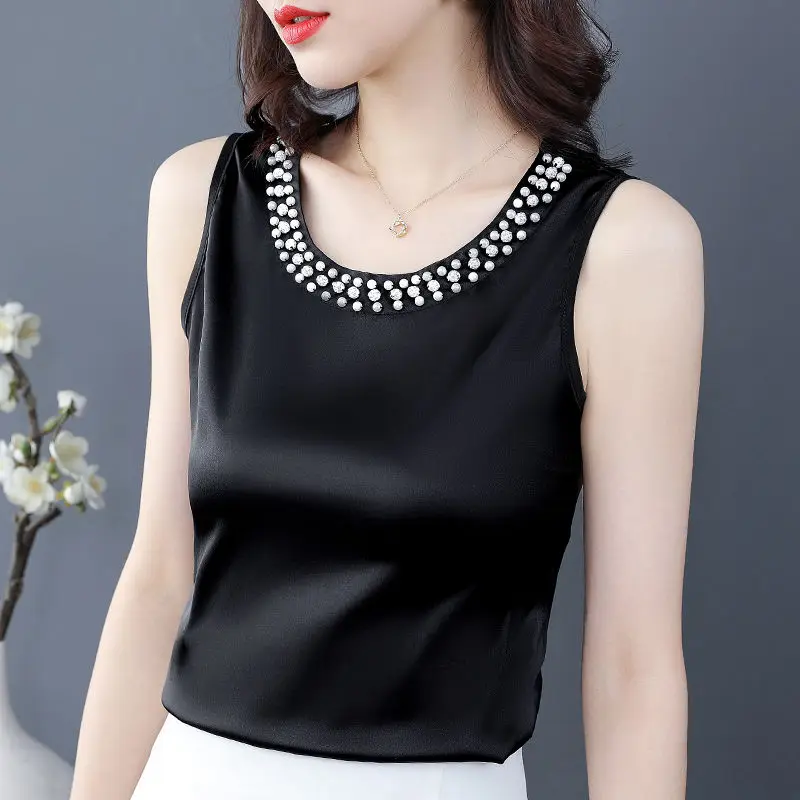 

Women Satin Tops Women Sleeveless Solid color Top Woman V Neck Vest Casual Woman White Top Ladies Loose Basic Tank X41