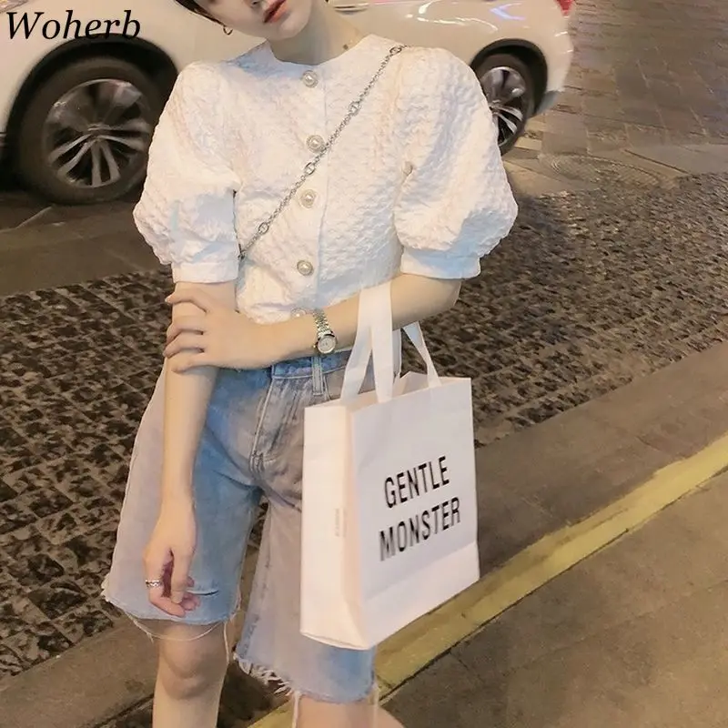 Женская блузка с коротким рукавом Woherb белая Элегантная укороченная рубашка