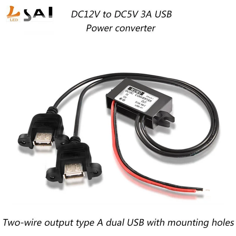 

LianSai DC 12V to DC5V 3A 15W two-wire output dual USB with mounting hole car power converter adapter