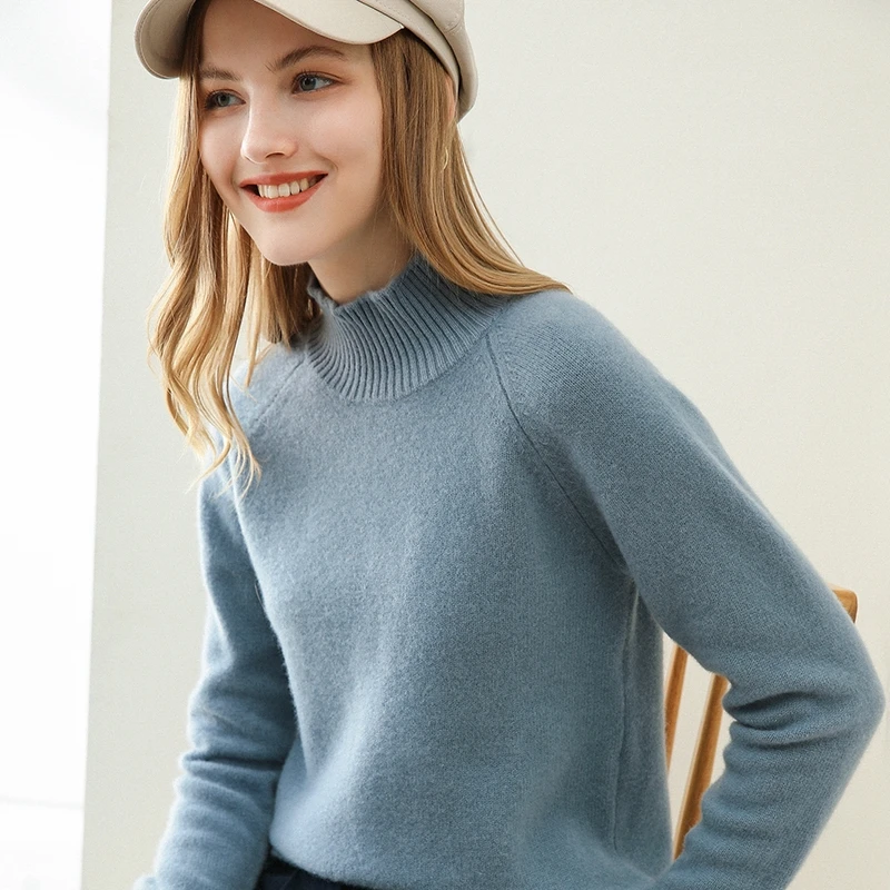 

LHZSYY 2020 Autumn Winter New Half High Neck Cashmere Sweater Women Thick Pullover Raglan Long Sleeve Pure Wool Knit Base Shirt