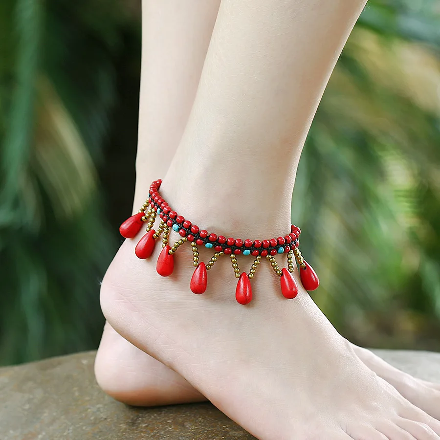 

European And American Bohemian Jewelry Semi-precious Water Drop Thai Wax Thread Hand-woven Beach Anklet Jl007