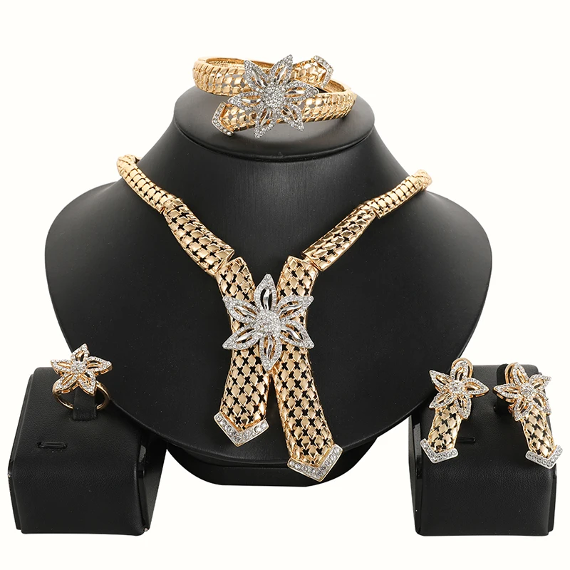 

Wholesale Fashion Gold Color Alloy Rhinestone Wedding Jewelry Sets Necklace Bracelet Ring Earrings For Women Bridal