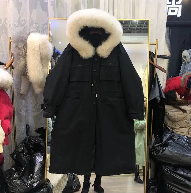 black Настоящий воротник из натурального меха-30 градусов зимняя женская куртка пальто с капюшоном Толстая теплая зимняя длинная пуховая парка белая куртка на утином пуху - Цвет: black
