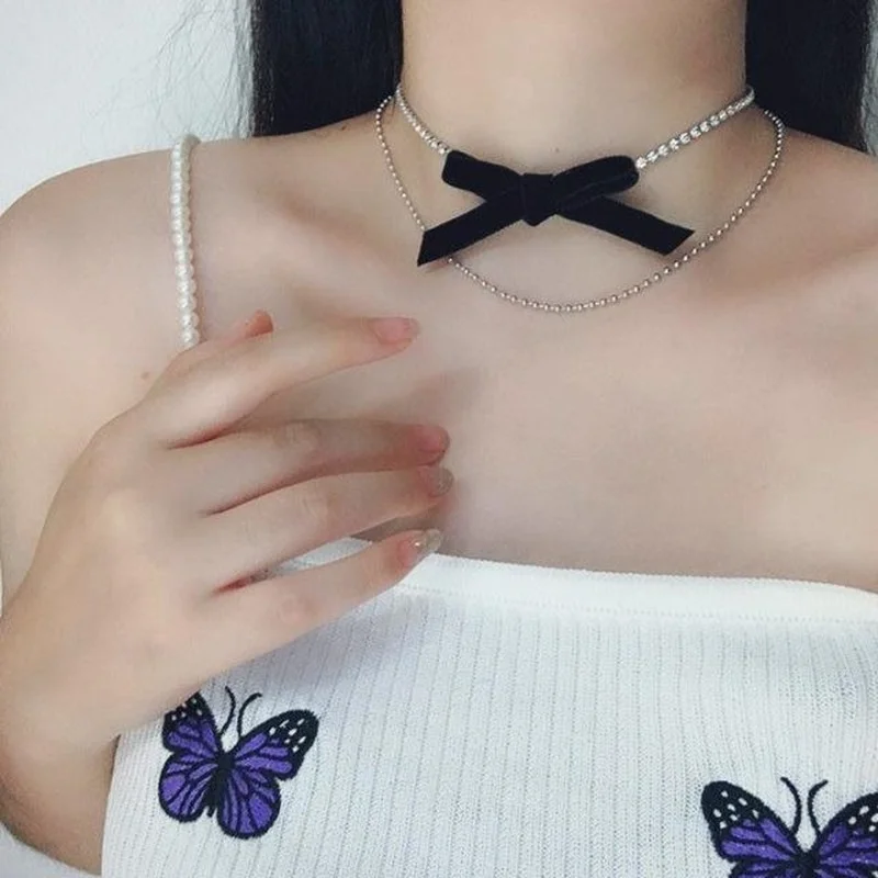 

Rhinestone Suede Black Bow Necklace Necklace for Women Women Jewelry Set Mother of Pearl Pearl Necklace Goth Butterfly Necklace