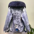 Зимняя теплая джинсовая куртка с граффити из натурального Лисьего меха и подкладкой из натурального кроличьего меха, женская верхняя одежда F2270