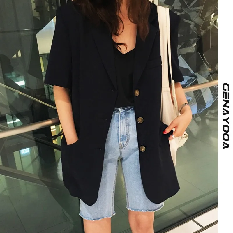 

Genayooa Short Sleeve Women Blazers And Jackets Korean Style Jacket 2021 Summer Retro Black Office Lady Casual Suit