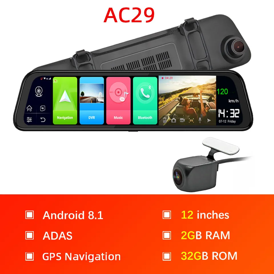 AC29 Автомобильный видеорегистратор Bluavido 1" ips, gps, 2G ram, 4G LTE, Android 8,1, камера, видео регистратор, навигация, HD 1080 P, зеркало заднего вида, видеорегистратор - Название цвета: AC29