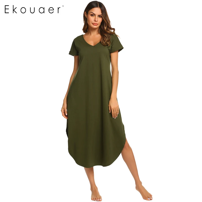 Army Green Ekouaer ночная рубашка женская ночная рубашка трапециевидной формы свободное асимметричное платье для сна с коротким рукавом ночная рубашка - Цвет: Army Green