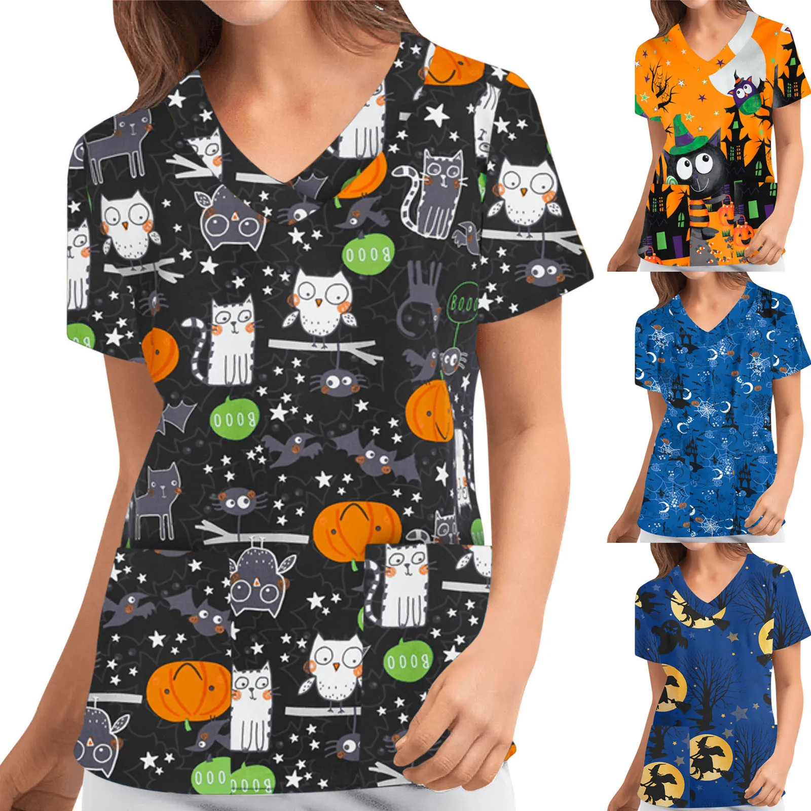 

Halloween Work Uniform Cartoon Print Pet Shop V-neck Scrubs Tops Women Short Sleeve Beauty Salon Nursing Tees Scrub Blouse A50