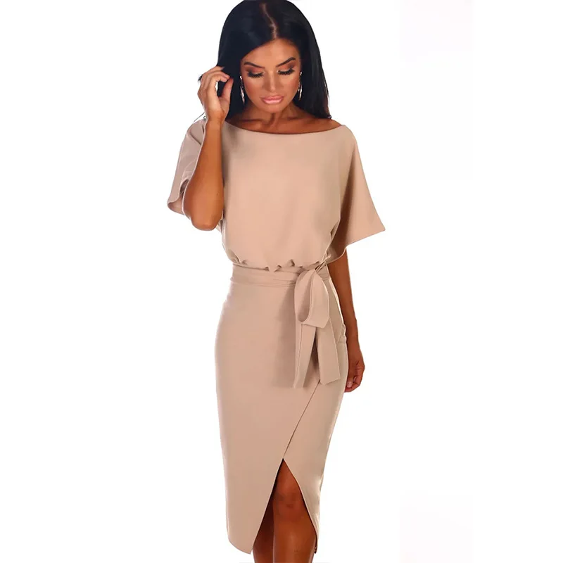 

Women Slim Fit Waist Bandage Pencil Dress Short Sleeve Round Neck High Slit Bodycon Sundress