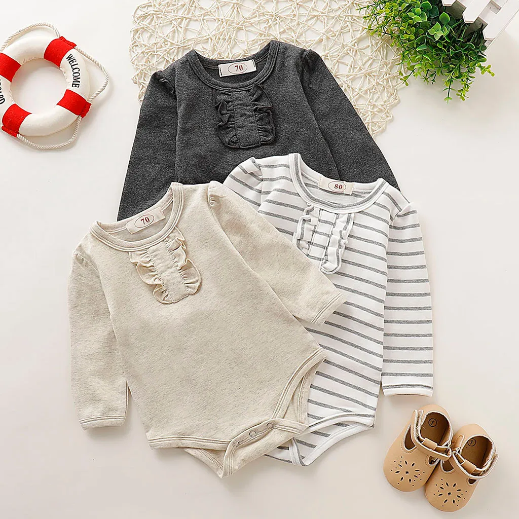 Autumn Baby Romper Infant Boys&ampGirls Long Sleeve Solid Striped Print O-Neck Clothes Roupas Kids Cotton Clothing 3M-18M | Мать и