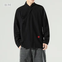 chinese traditional dress wu dang tai chi coat plus size hanfu black kung fu uniform cotton linen long sleeve shirt top men