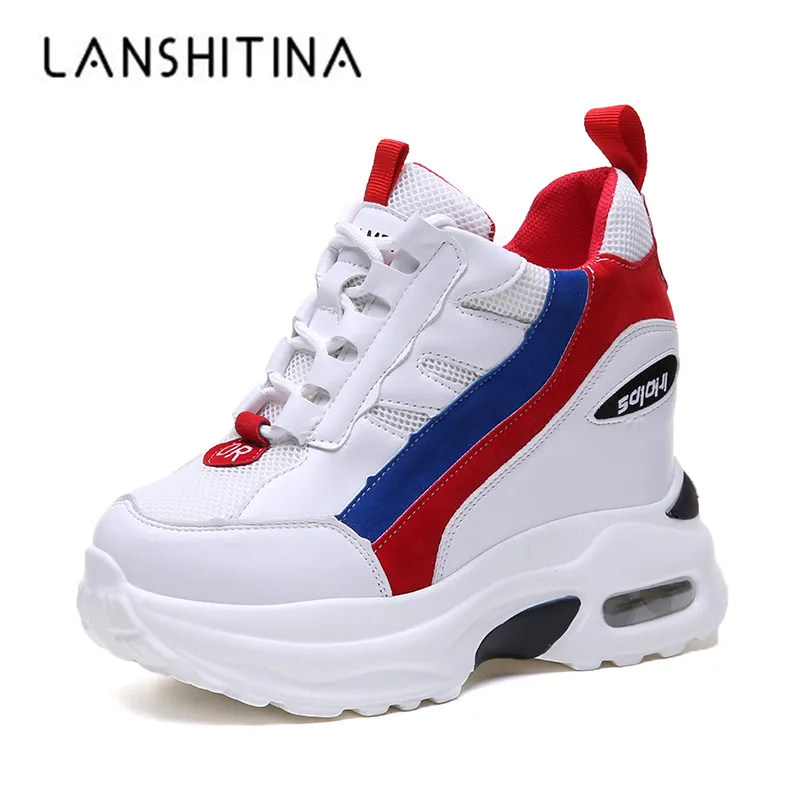 Женские кроссовки на танкетке 9 см кожаные дышащие платформе и высоком каблуке