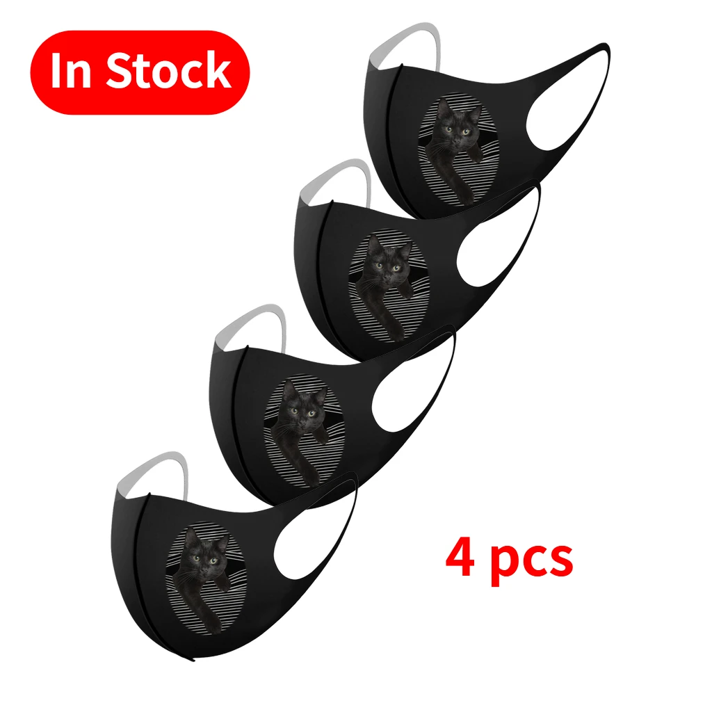 Маска Защитная Для Лица женская моющаяся черная 4 шт. принт с милой