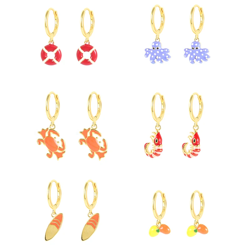 

Серьги-Обручи женские из серебра 925 пробы с эмалью, в виде креветок, осьминогов, крабов, морских животных