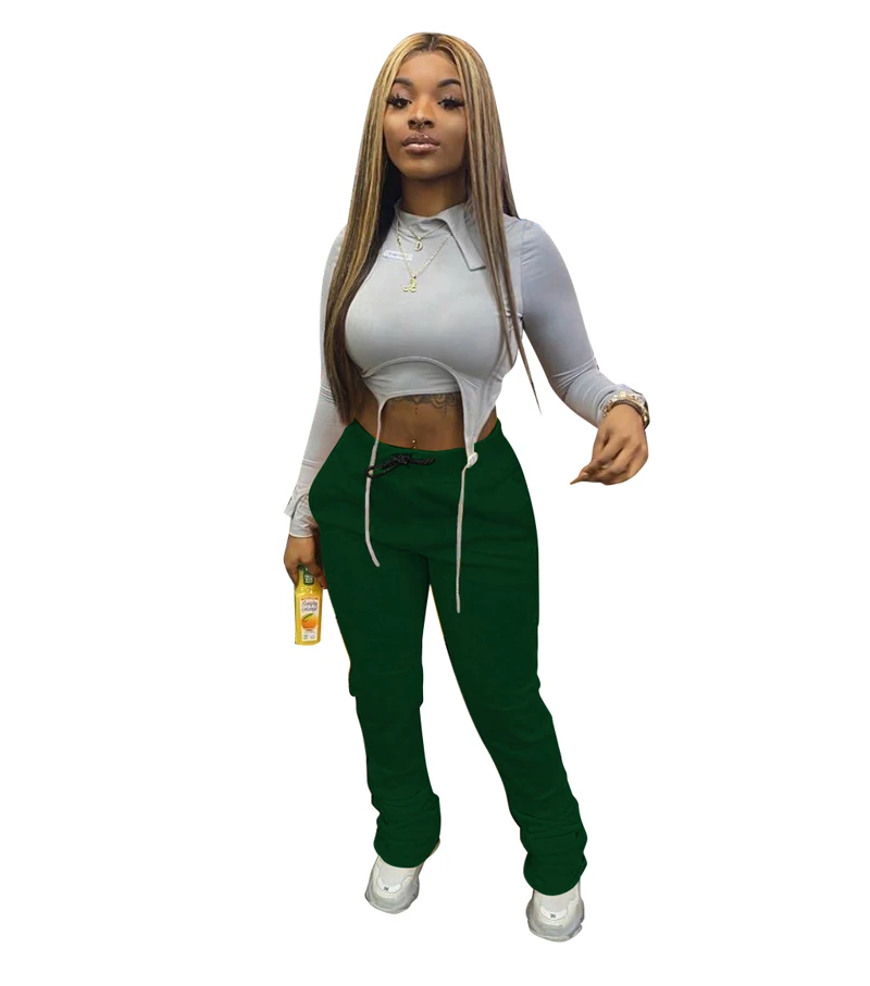 

2021 Women Pants Stacked Pocket Drawstring Solid Color Mid Waist Casual Sports Fitness Gym Running Trousers Ladies Clothing