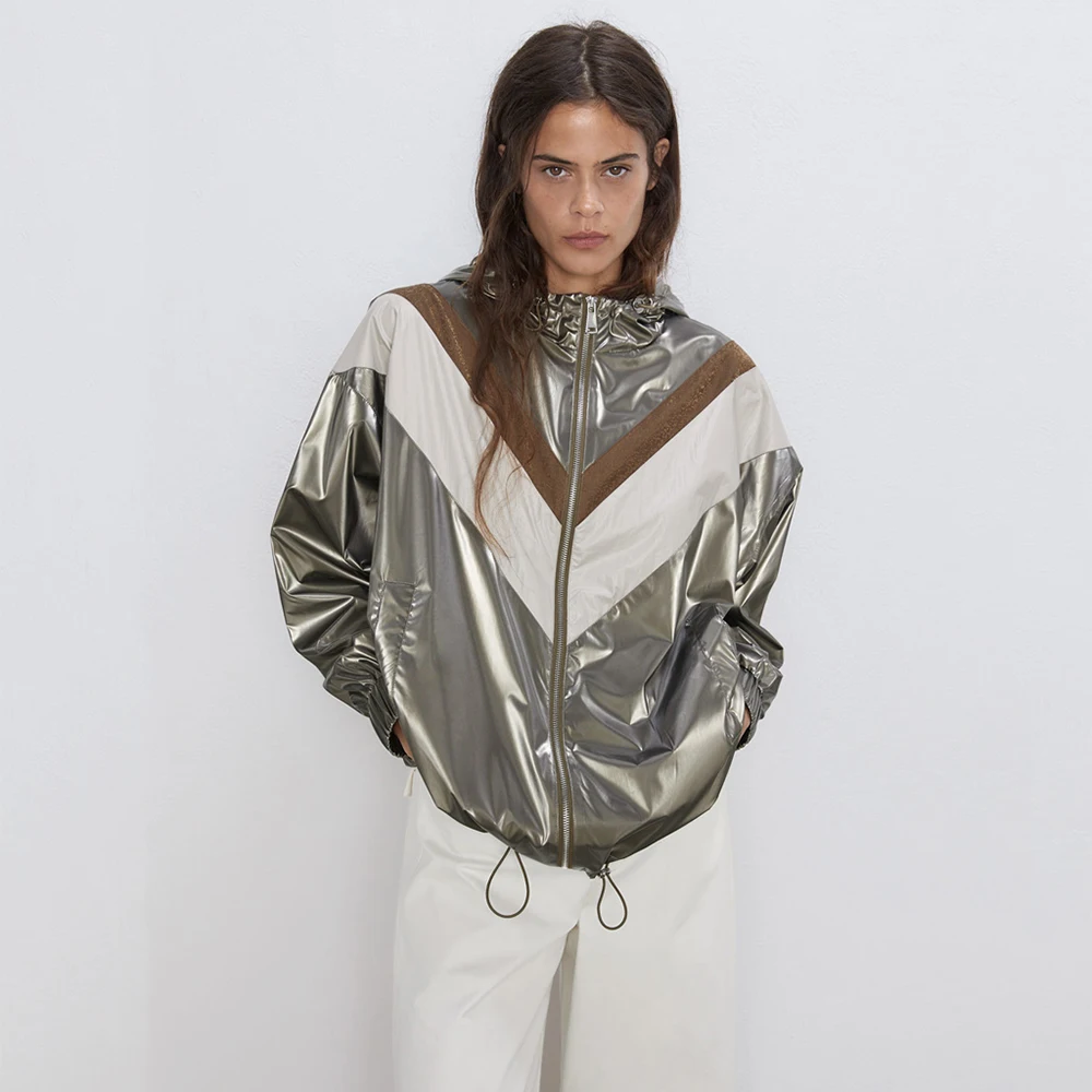 2019 ZA Женская спортивная куртка парка с капюшоном блестящий металлический цвет