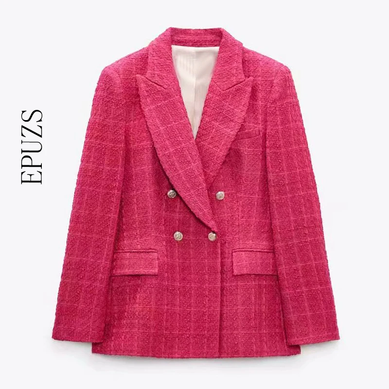 

Vintage women Tweed Blazer Coat elegant Notched Neck Double Breasted blazers Suit Office Lady Casual Suit jacket 2021
