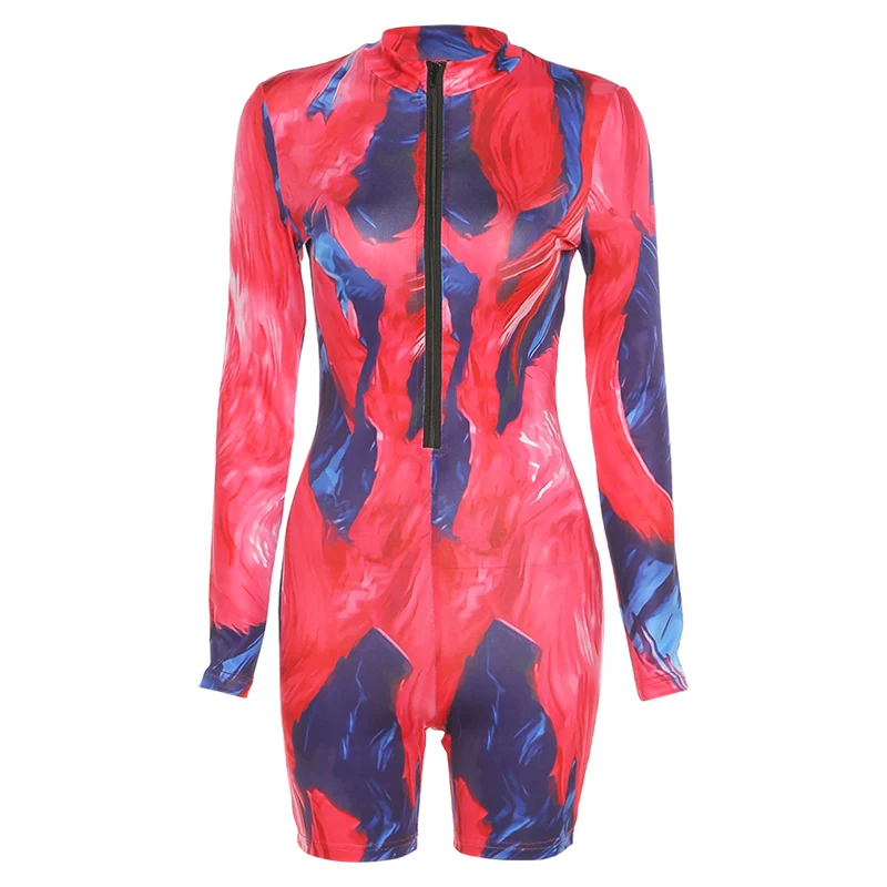 

UVRCOS Women Clothing Summer 2021 Skinny Tie Dye Rompers New Fashion Sports Chest Zipper Long Sleeve Combinaison Femme Sportwear