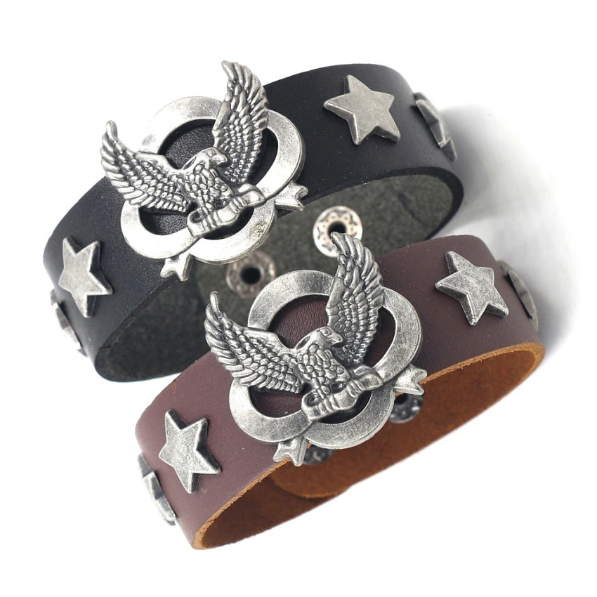 Винтажный кожаный браслет в стиле Рок Панк Орел мужской Браслет манжета черный