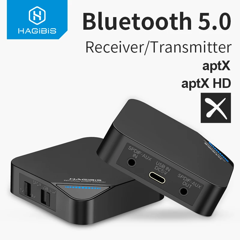 

Передатчик hagибис Bluetooth 5,0 приемник 2 в 1 беспроводной aptX HD аудио 3,5 мм AUX/SPDIF/Type-C адаптер для ТВ/наушников/автомобиля/ПК