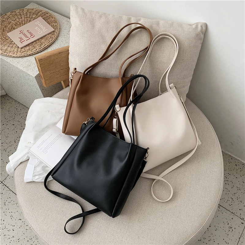 

Модные Сумки из искусственной кожи в стиле ретро для женщин, однотонные сумки, женские вместительные сумки-тоуты для покупок, сумки на плечо