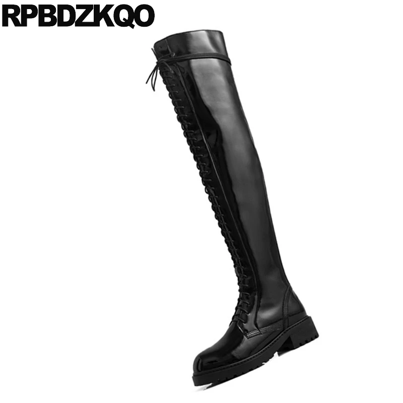 Long Shoes Faux Fur Handmade Patent Leather Black Tall Riding Chunky Equestrian Thigh High Over The Knee Women Boots Winter 2021 | Обувь