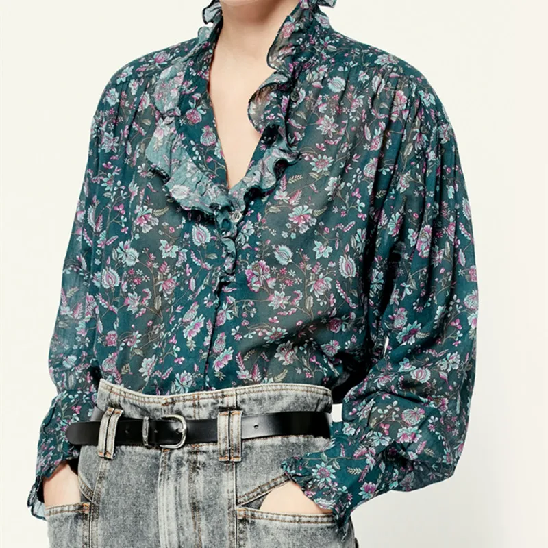 

Early Autumn 100% Cotton Women Floral Print Shirts Ruffles Trim Long Sleeve Female Loose Shirt and Tops 2021