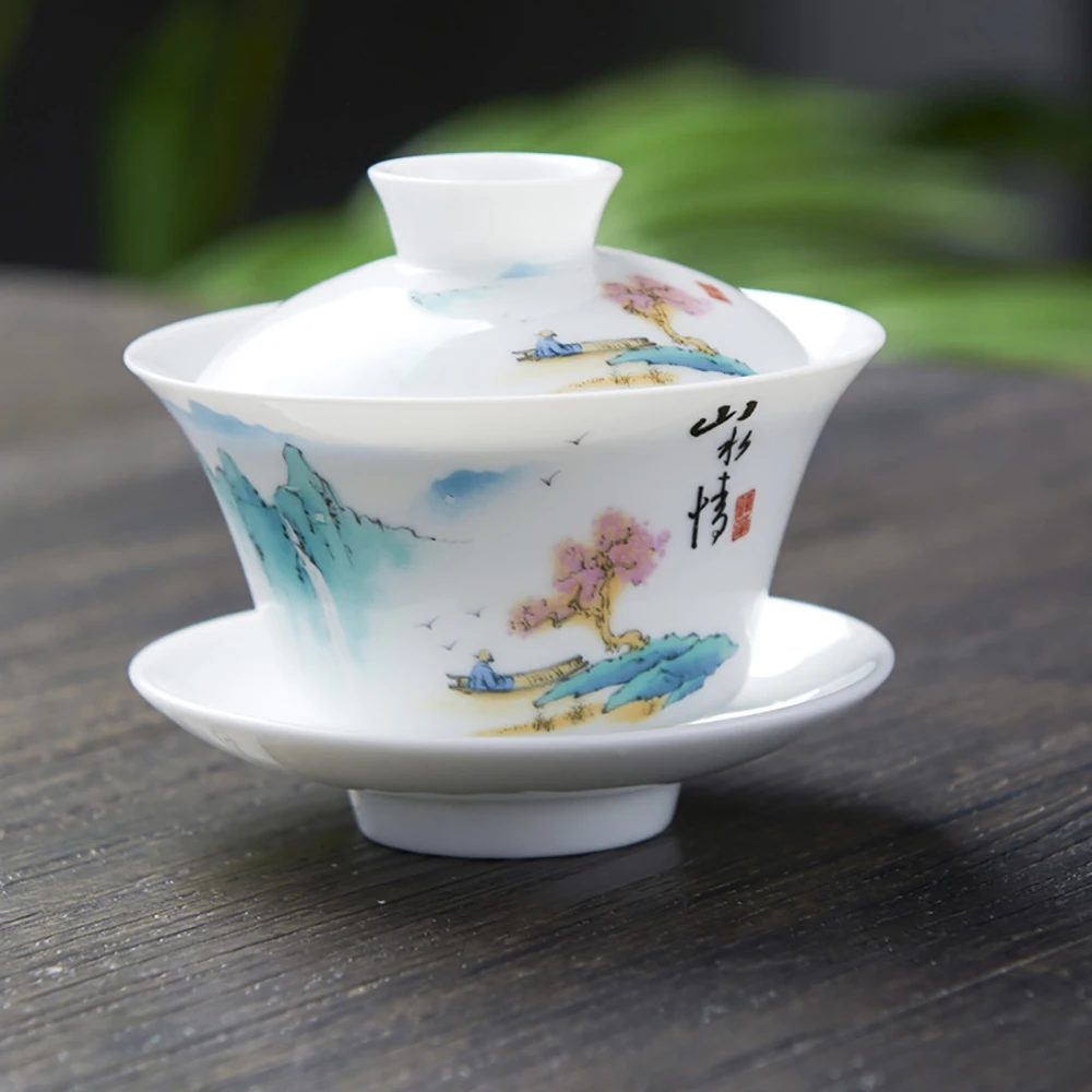 

Hand drawn White China Gaiwan Persimmon Porcelain Tureen With Cup Saucer Coaster Covered Bowl With Lid Handpainted Cup Bowls